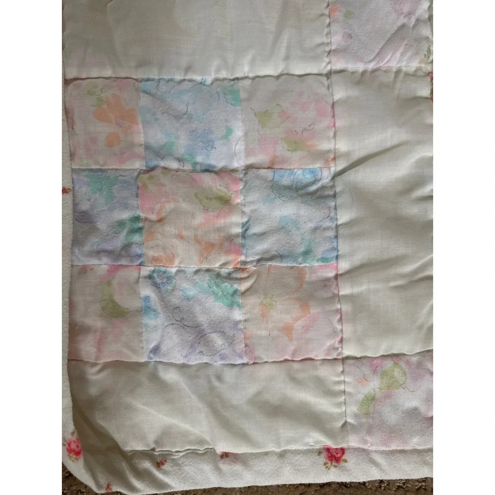 Handmade Vintage Pastel Patchwork Baby Quilt Floral Flannel Reversible 42x42